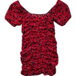 Sukienka Mini Marszczenie Czerwona Z Czarnym Wzorem - zdjęcie 2