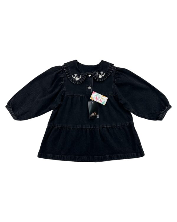 Ambition Apparel Czarna Jeansowa Sukienka z Kołnierzykiem i Haftem 98 CM