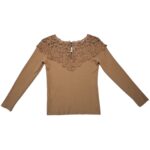 Beżowy Sweter z Koronkowym Dekoltem - zdjęcie 3