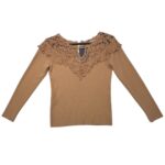 Beżowy Sweter z Koronkowym Dekoltem