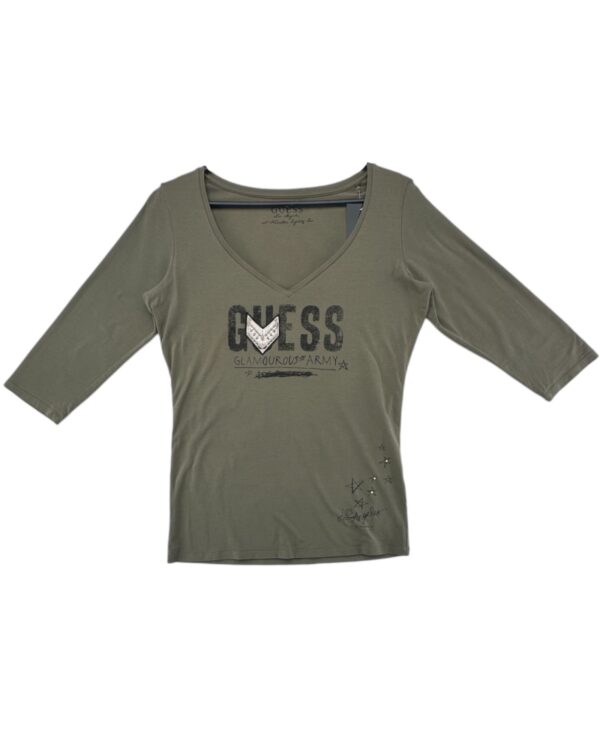 Guess Bluzka Damska Khaki Nadruk Z Aplikacją