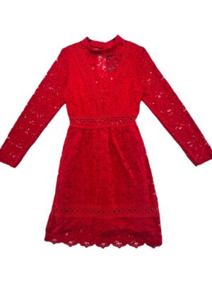 Sukienka Czerwona Koronkowa Długi Rękaw