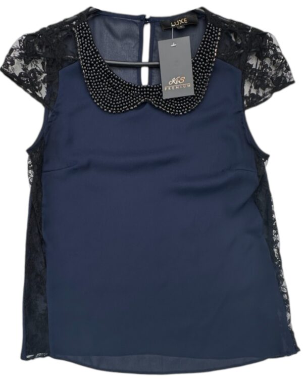 LUXE Koszulka Damska Granatowa Koronkowe Wstawki S