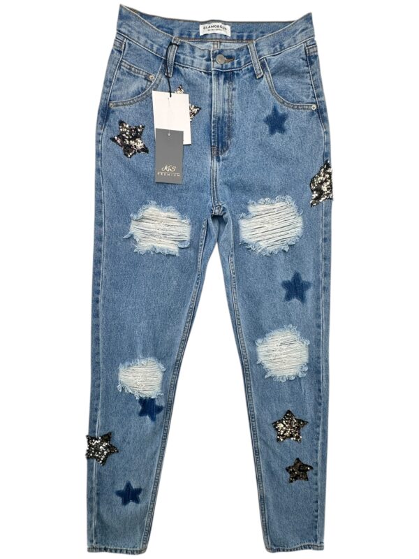GLAMOROUS Jeansy Damskie Niebieskie Z Gwiazdkami XS