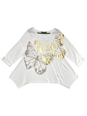 BONMARCHE Bluzka Damska Biała Złote Motyle XL