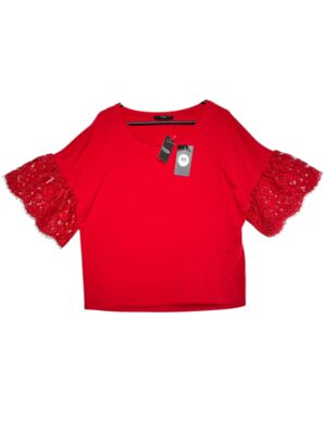 George Koszulka Damska Czerwona Koronkowe Rękawy 4XL