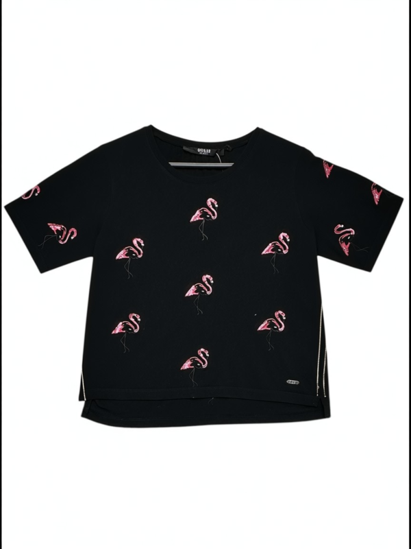 GUESS Koszulka Damska Czarna Wzór Flamingi XS