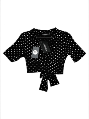 PRETTYLITTLETHING Top Damski Czarny Groszki S